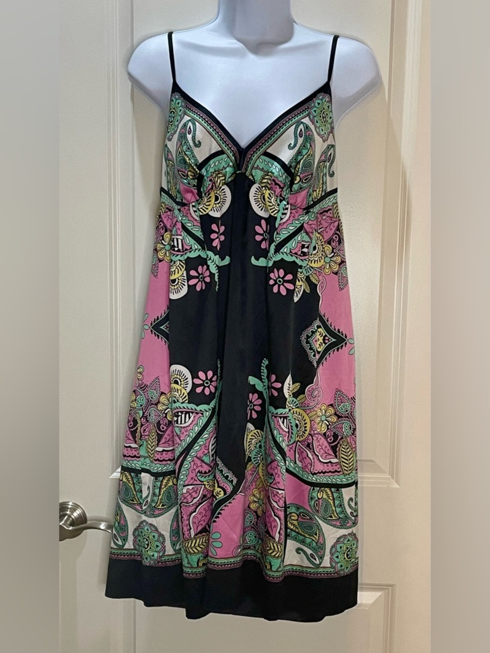 Vintage Y2K Ice Pink & Black Satin Slip Dress Paisley Spaghetti Straps Size 14